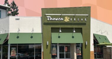 Panera Bread exterior on pinkish orange background design