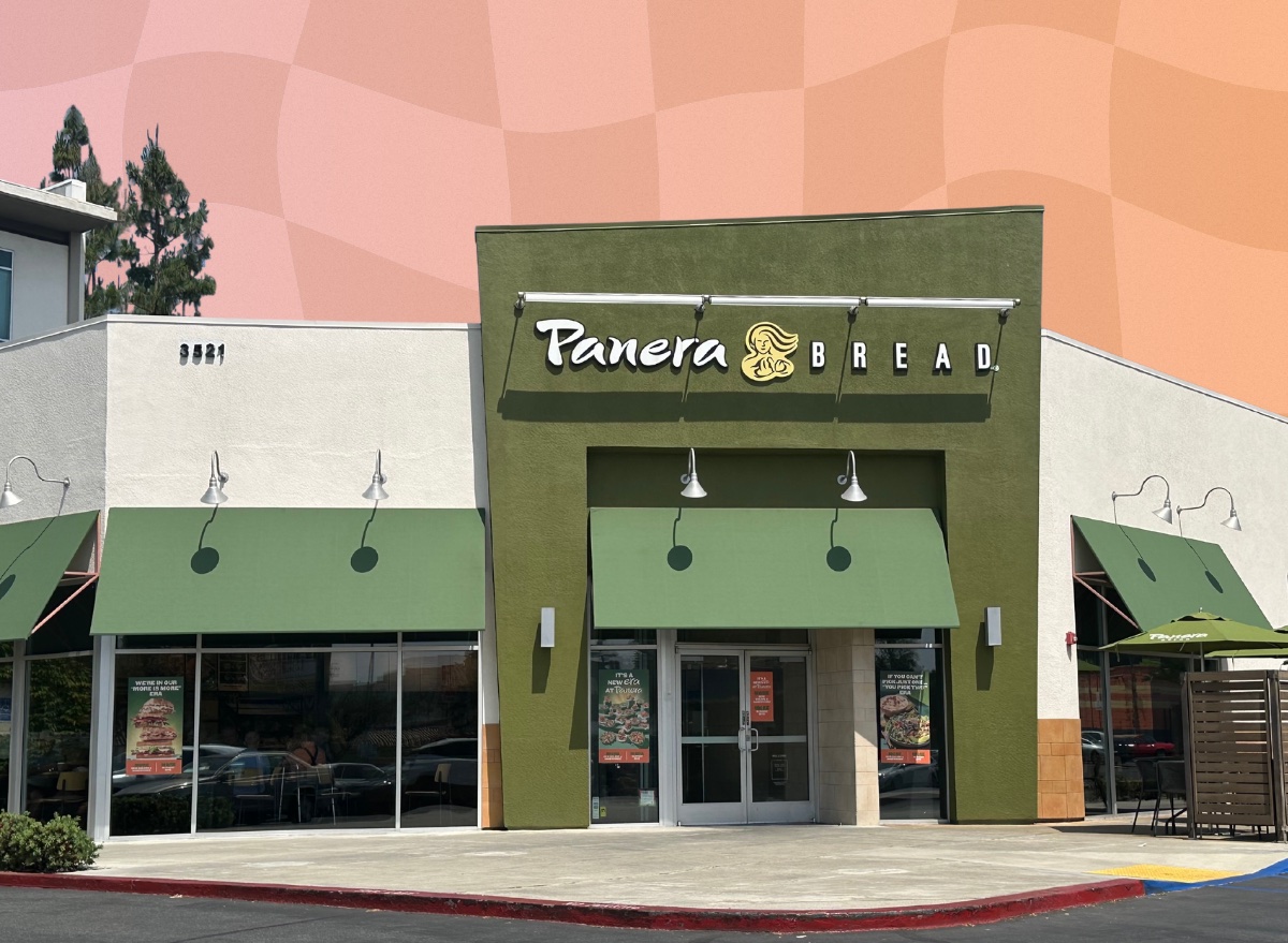 Panera Bread exterior on pinkish orange background design