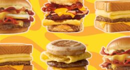 a collage of fast-food breakfast sandwiches on a designed background