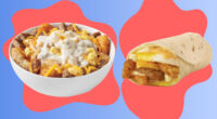 a fast food breakfast bowl and burrito on a designed blue and red background