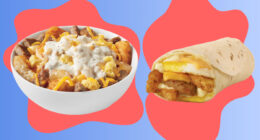 a fast food breakfast bowl and burrito on a designed blue and red background