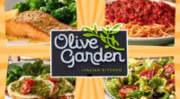 olive garden sign and meals on an orange background