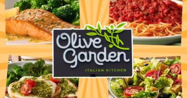 olive garden sign and meals on an orange background