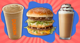 two fast food coffee drinks surround a mcdonalds big mac