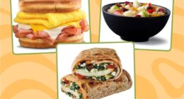 a collage of healthy fast-food breakfasts on a designed background