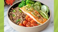 a photo of a protein salmon bowl on a designed green background