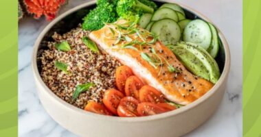 a photo of a protein salmon bowl on a designed green background