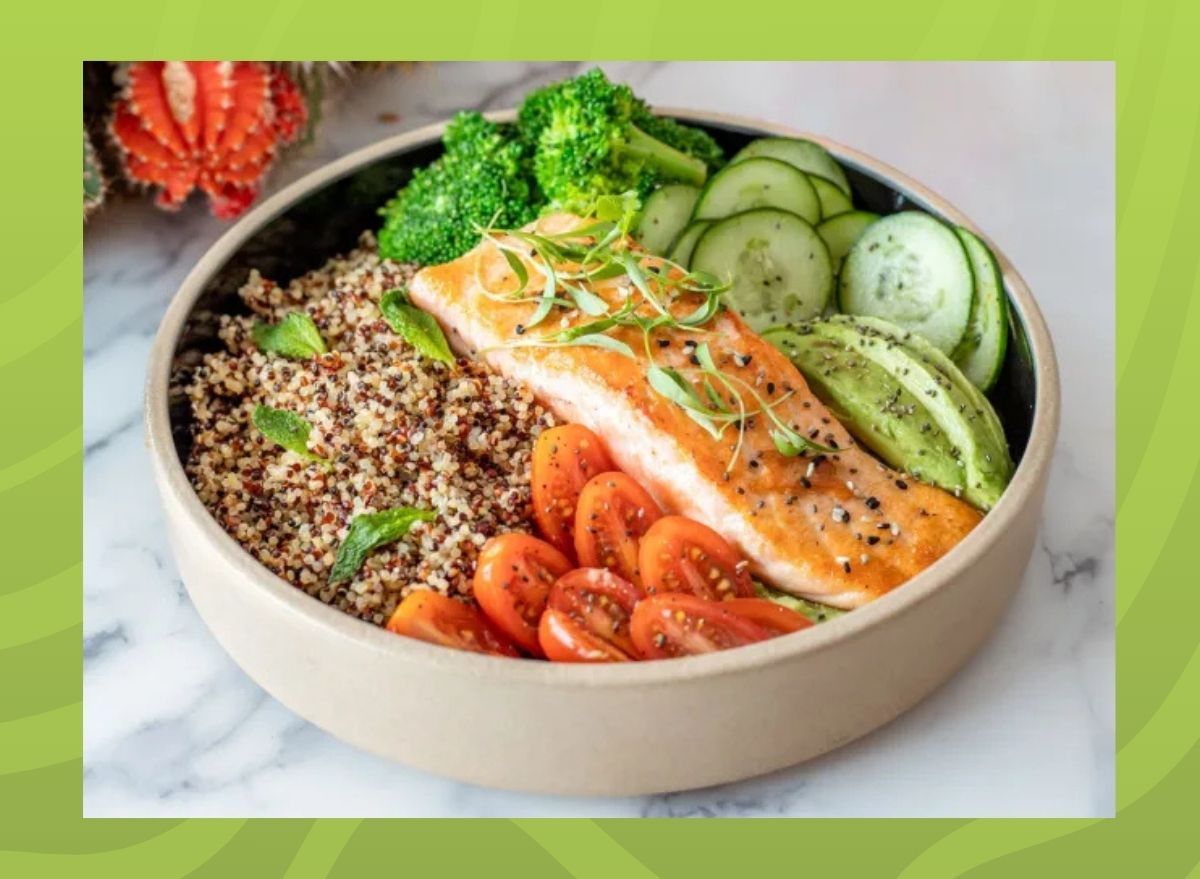 a photo of a protein salmon bowl on a designed green background