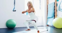 middle-aged woman resistance band workout