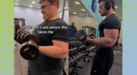 split image weight-loss transformation at the gym, before and after photos