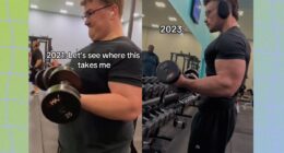 split image weight-loss transformation at the gym, before and after photos