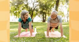 mature, happy couple doing high planks exercise in park on yoga mats on bright, sunny summer day