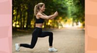 middle-aged blonde woman doing jump lunge or walking lunge exercise outdoors in park