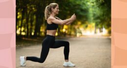 middle-aged blonde woman doing jump lunge or walking lunge exercise outdoors in park