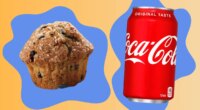 collage of dunkin blueberry muffin and a can of coca cola