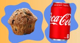 collage of dunkin blueberry muffin and a can of coca cola