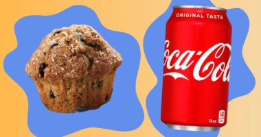 collage of dunkin blueberry muffin and a can of coca cola