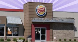 Burger King exterior on striped purple background