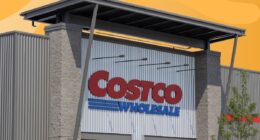 costco exterior set against a designed orange background