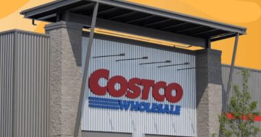 costco exterior set against a designed orange background