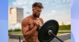 fit, muscular shirtless man lifting barbell at outdoor gym