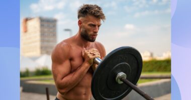 fit, muscular shirtless man lifting barbell at outdoor gym