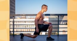 fit man doing walking lunges on rooftop workout space