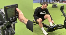 getting set up on a rowing machine, split image