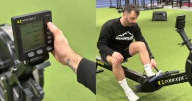 getting set up on a rowing machine, split image