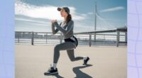 woman doing lunges outdoors at waterfront in cold weather