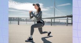 woman doing lunges outdoors at waterfront in cold weather