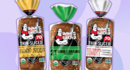 daves killer bread collage of three loaves on a purple background