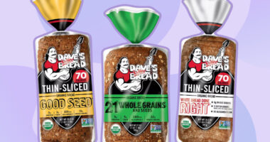 daves killer bread collage of three loaves on a purple background