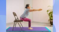 mature woman doing chair yoga exercise