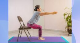 mature woman doing chair yoga exercise