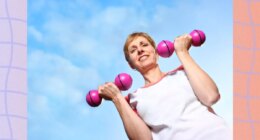 mature woman lifting weights outdoors with blue sky behind her