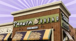 The storefront of a Panera Bread restaurant set against a vibrant purple background.