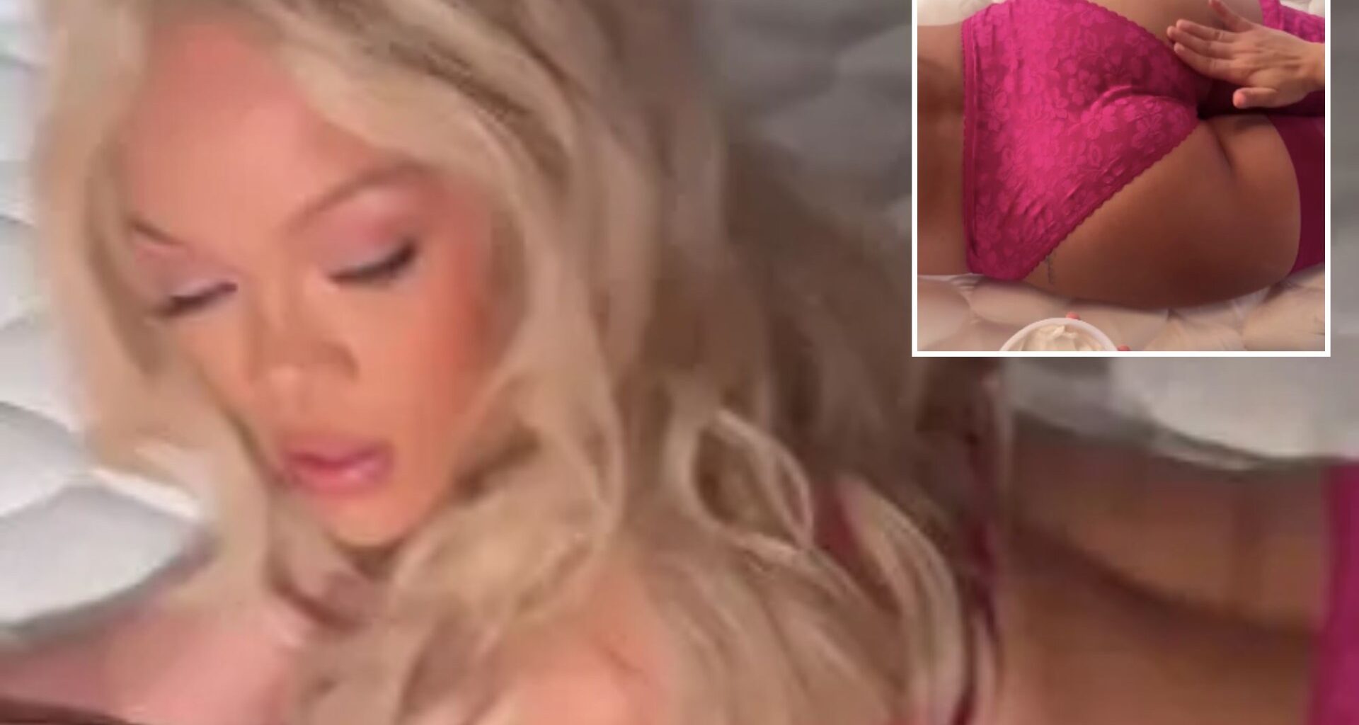 Rihanna has bum lathered in cream as she lies on bed in pink lace lingerie