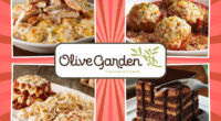 collage of four unhealthy olive garden menu items on a red background