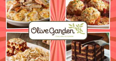 collage of four unhealthy olive garden menu items on a red background