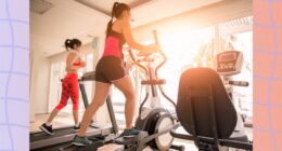 lineup of a treadmill, elliptical, and exercise bike at the gym in front of floor-to-ceiling windows with sun shining through