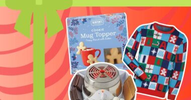 A trio of holiday items from Aldi set against a festive background