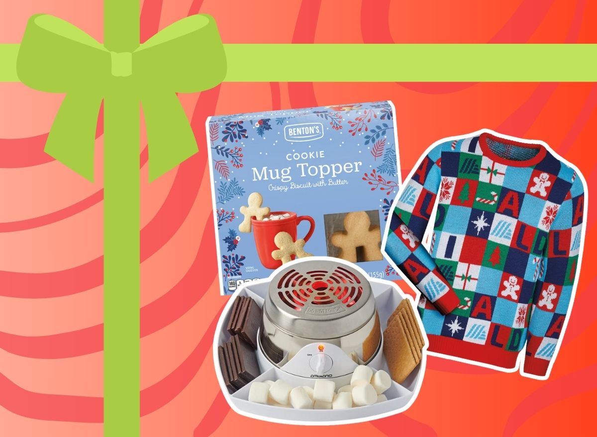 A trio of holiday items from Aldi set against a festive background