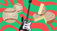 A trio of big-ticket items, including a Babe Ruth-signed baseball and a signed Pink Floyd guitar, set against a festive swirly patterned background