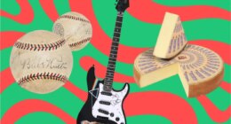 A trio of big-ticket items, including a Babe Ruth-signed baseball and a signed Pink Floyd guitar, set against a festive swirly patterned background