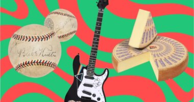 A trio of big-ticket items, including a Babe Ruth-signed baseball and a signed Pink Floyd guitar, set against a festive swirly patterned background