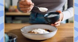 woman spooning yogurt into a bowl surrounded by a blue border