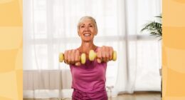 fit, mature woman lifting dumbbells at home in bright living space