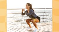 fit brunette woman doing resistance band squat exercise on boardwalk by the ocean