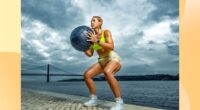 fit woman holding medicine ball while squatting